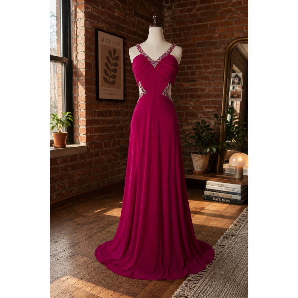 Faviana Fuchsia Pink Beaded Cutout Open Back Formal Gown Prom Dress Y2K 4